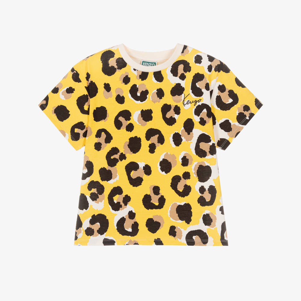 KENZO KIDS-Yellow Cotton T-Shirt with Panther Print | Childrensalon