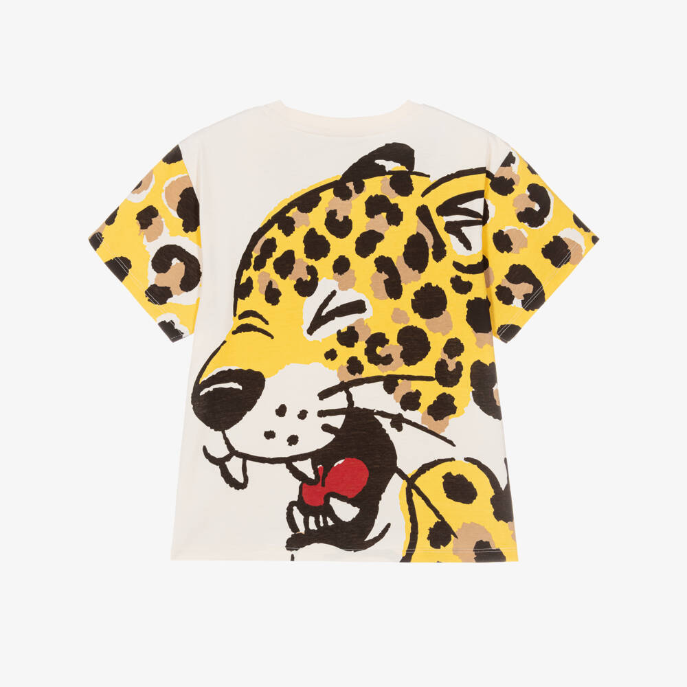 KENZO KIDS-Yellow Cotton T-Shirt with Panther Print | Childrensalon