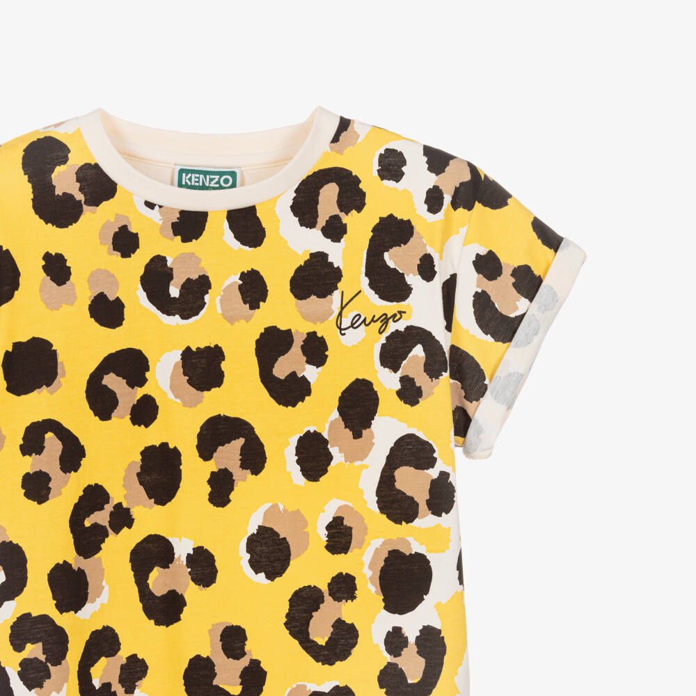 KENZO KIDS-Yellow Cotton T-Shirt with Panther Print | Childrensalon
