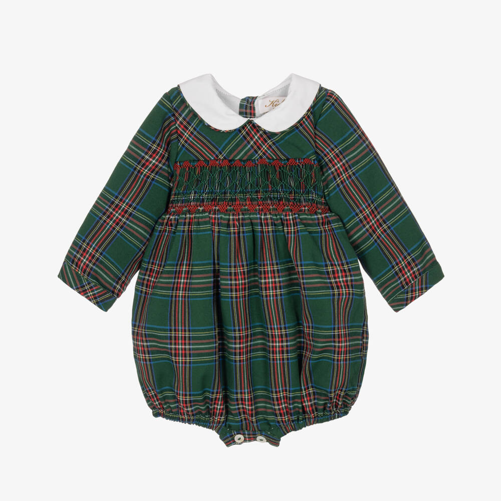 Kidiwi-Baby Boys Green Tartan Hand-Smocked Shortie | Childrensalon
