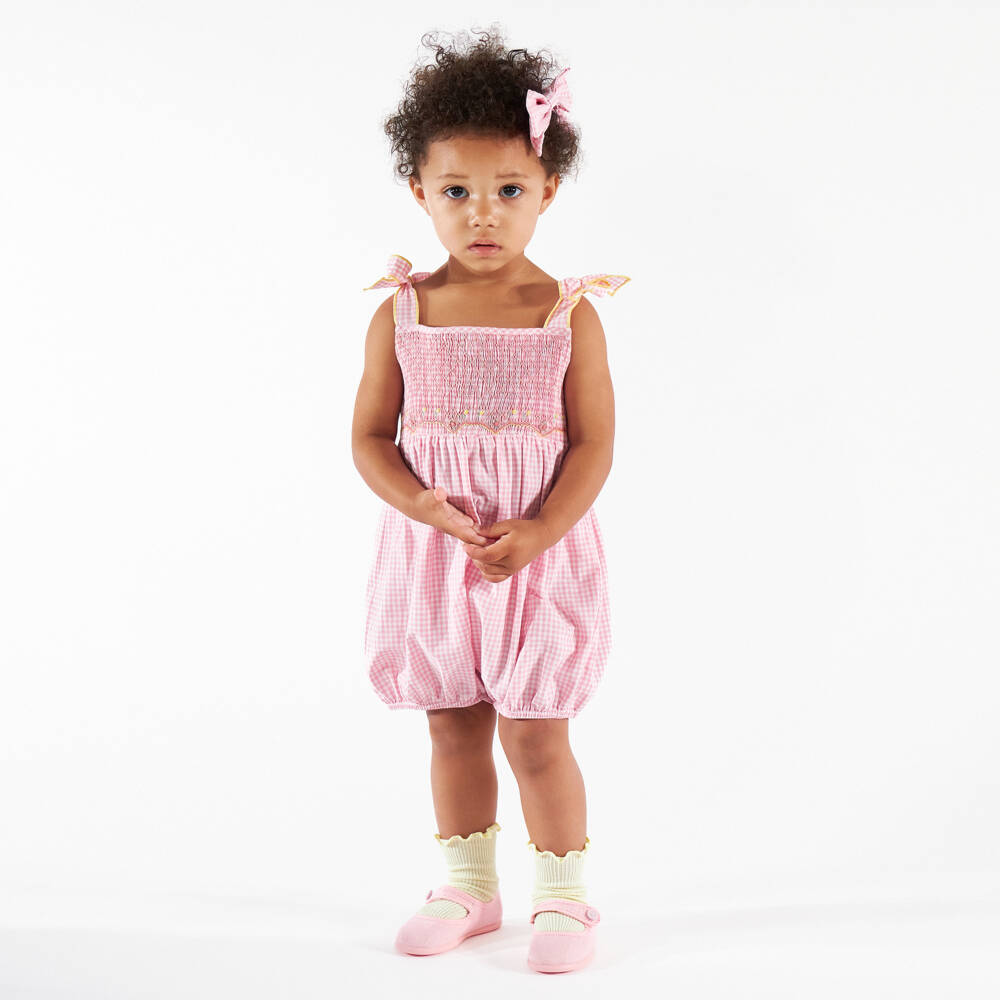 Kidiwi-Baby Girls Pink Gingham Hand-Smocked Cotton Shortie | Childrensalon