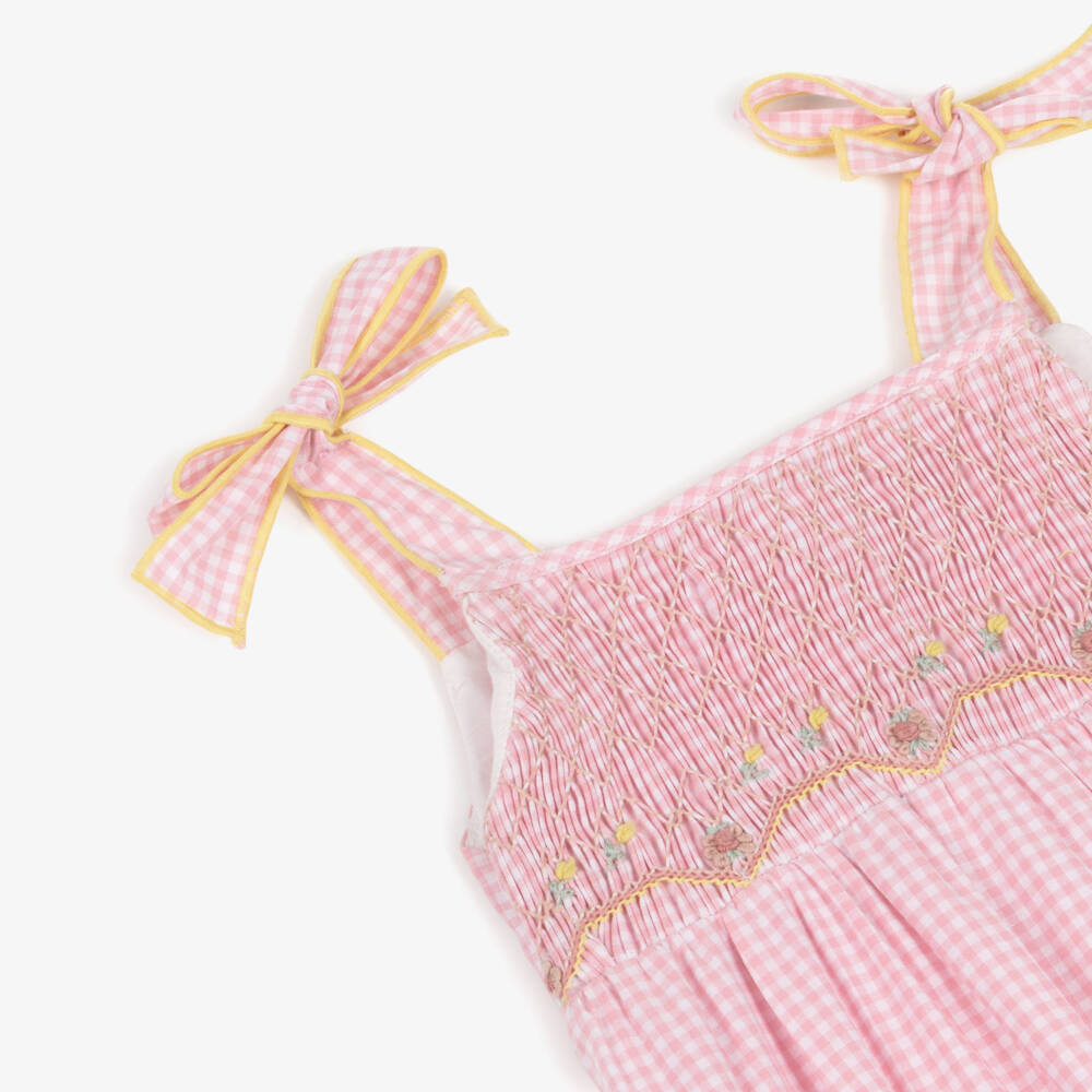 Kidiwi-Baby Girls Pink Gingham Hand-Smocked Cotton Shortie | Childrensalon