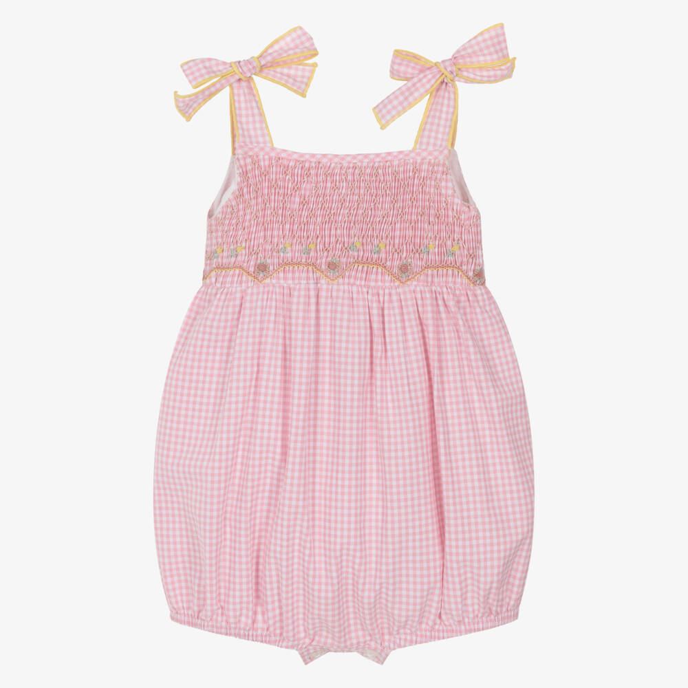 Kidiwi-Baby Girls Pink Gingham Hand-Smocked Cotton Shortie | Childrensalon
