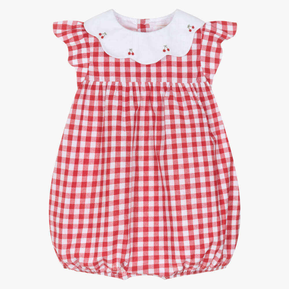 Kidiwi-Baby Girls Red Gingham Hand-Embroidered Cotton Shortie | Childrensalon