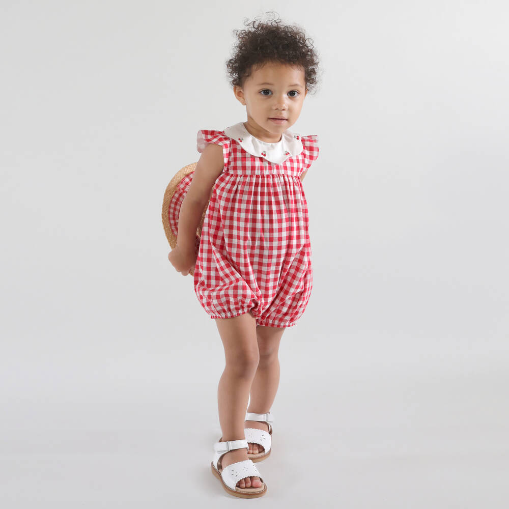Kidiwi-Baby Girls Red Gingham Hand-Embroidered Cotton Shortie | Childrensalon