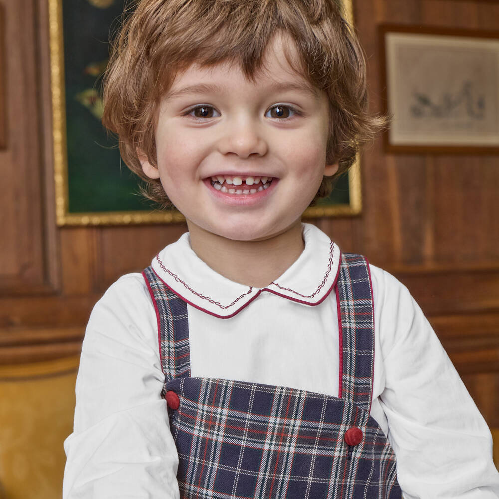 Kidiwi-Boys Dungaree Shorts Set in Navy Blue Tartan | Childrensalon