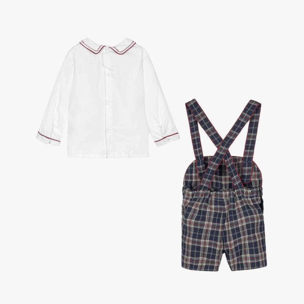 Kidiwi-Boys Dungaree Shorts Set in Navy Blue Tartan | Childrensalon
