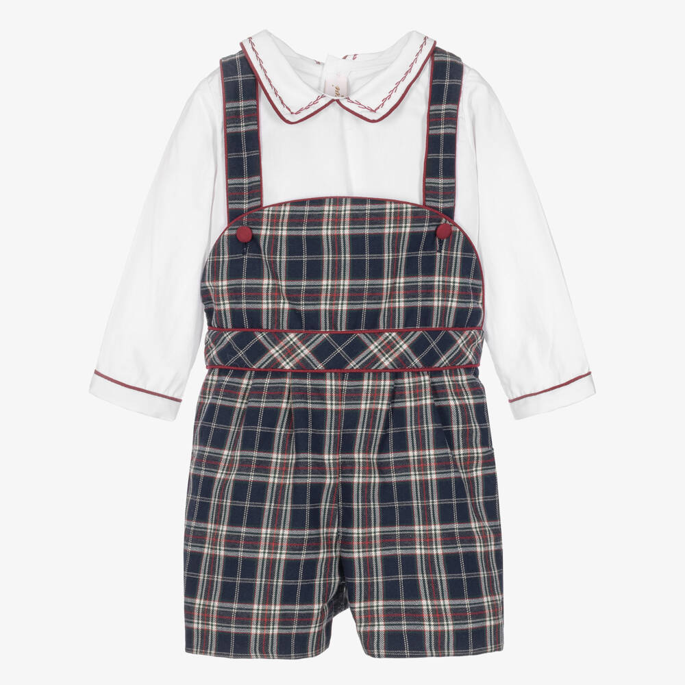 Kidiwi-Boys Dungaree Shorts Set in Navy Blue Tartan | Childrensalon