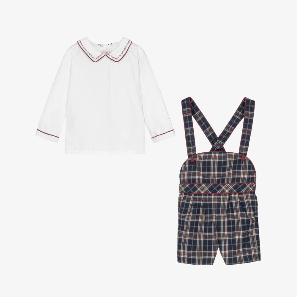 Kidiwi-Boys Dungaree Shorts Set in Navy Blue Tartan | Childrensalon