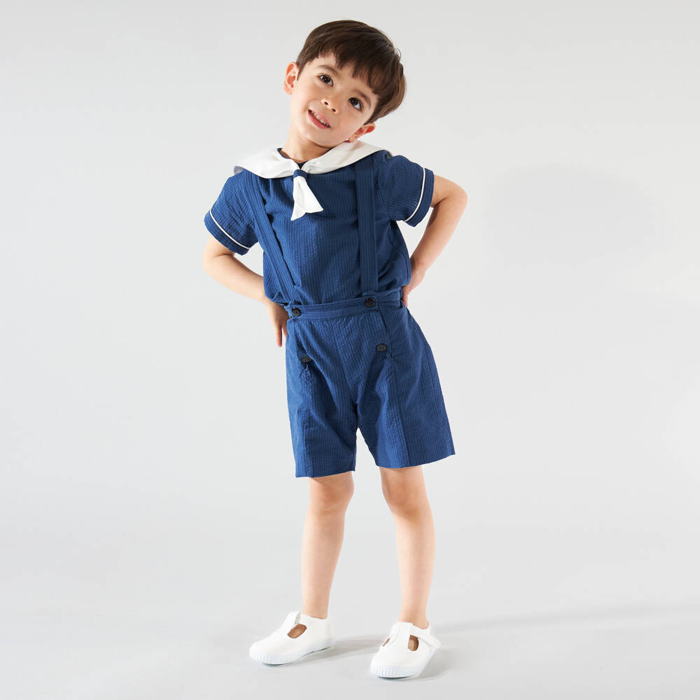 Kidiwi-Boys Navy Blue Cotton Seersucker Sailor Shorts Set | Childrensalon