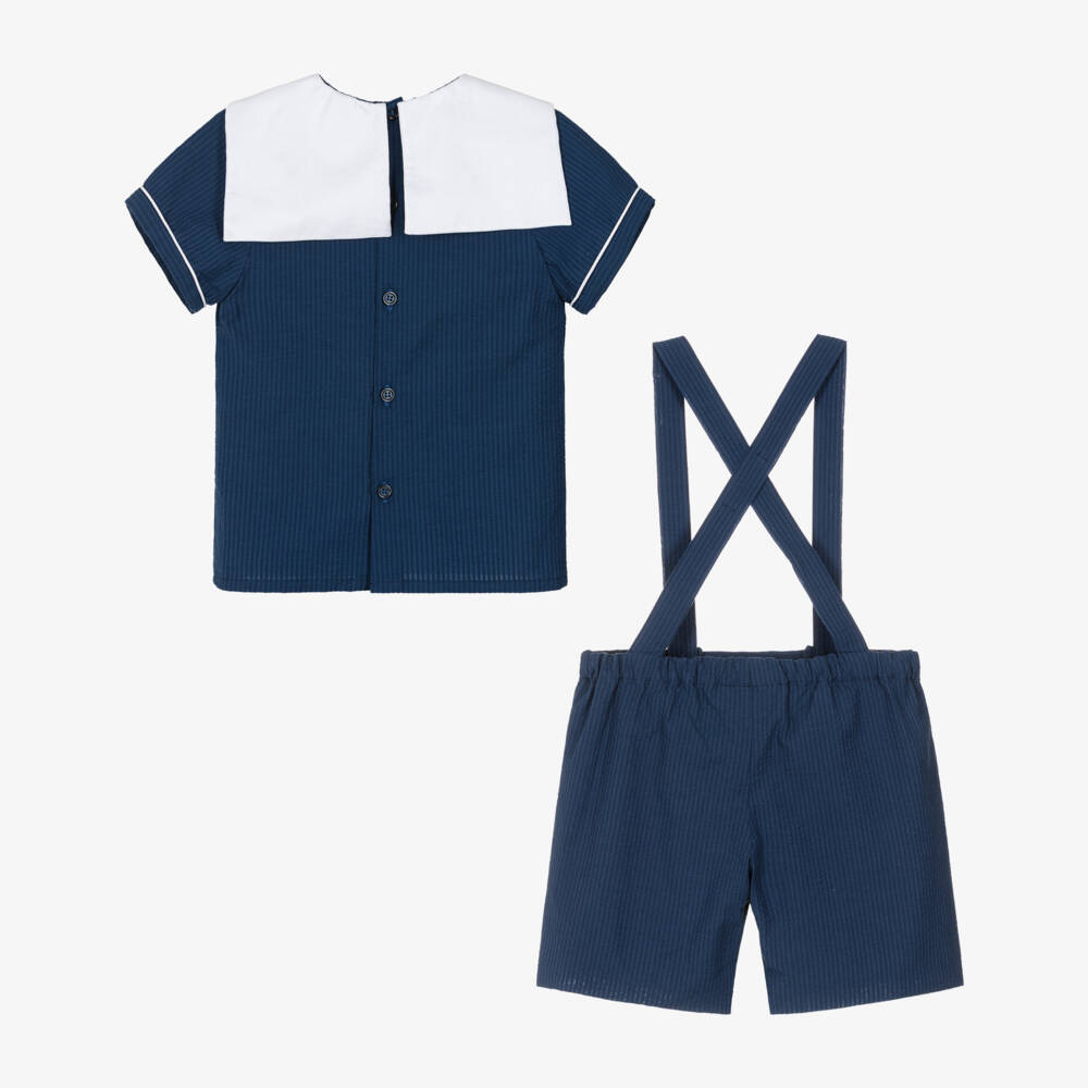 Kidiwi-Boys Navy Blue Cotton Seersucker Sailor Shorts Set | Childrensalon
