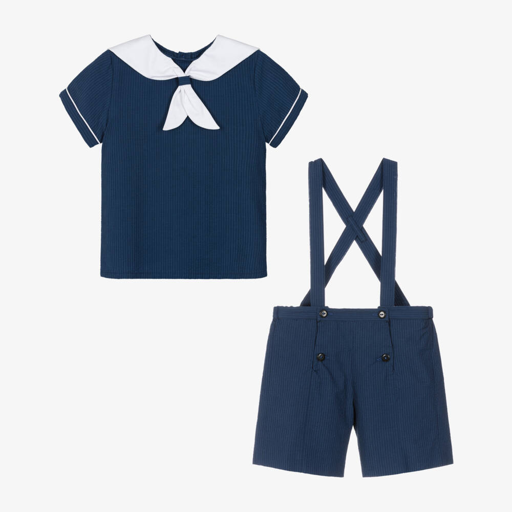 Kidiwi-Boys Navy Blue Cotton Seersucker Sailor Shorts Set | Childrensalon