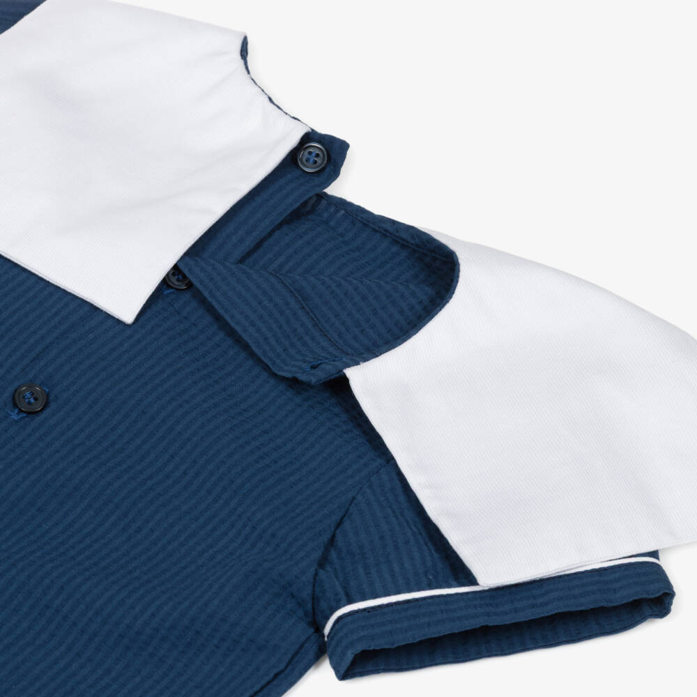 Kidiwi-Boys Navy Blue Cotton Seersucker Sailor Shorts Set | Childrensalon