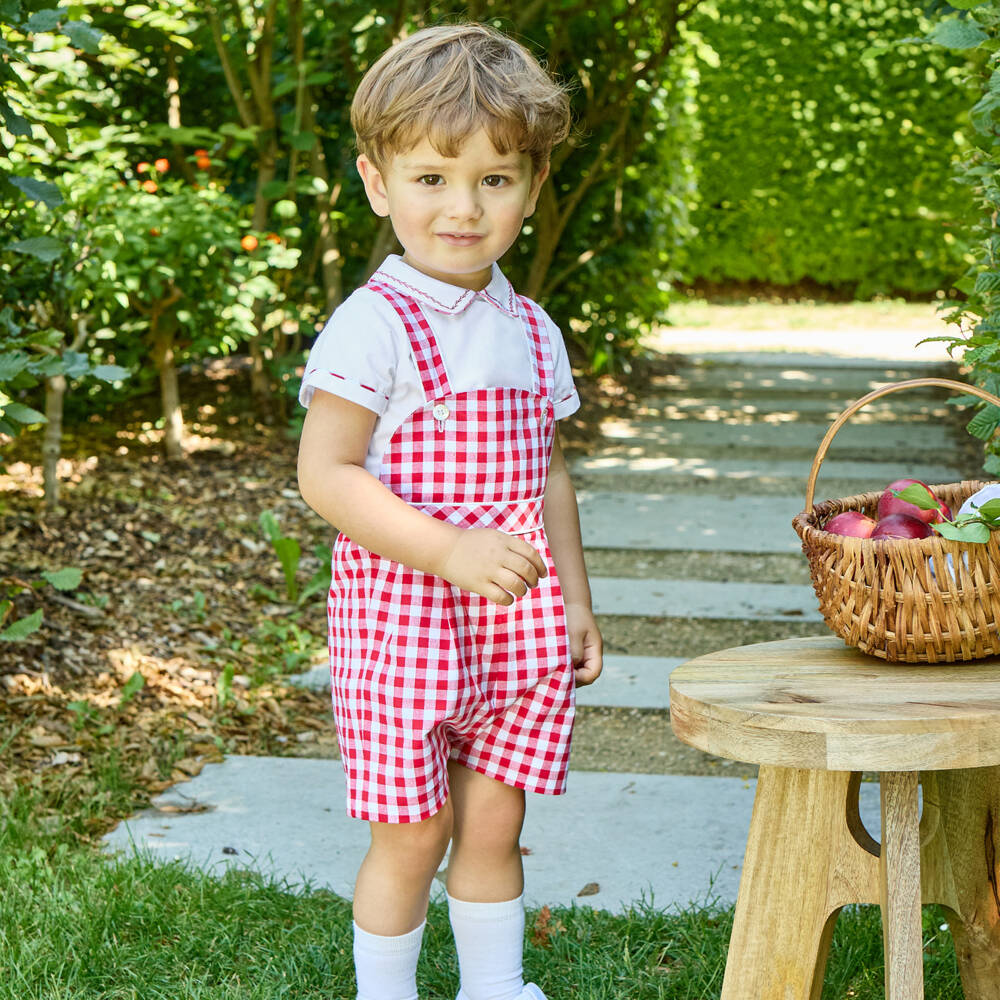 Kidiwi-Boys Red Gingham Cotton Dungaree Shorts & Shirt Set | Childrensalon