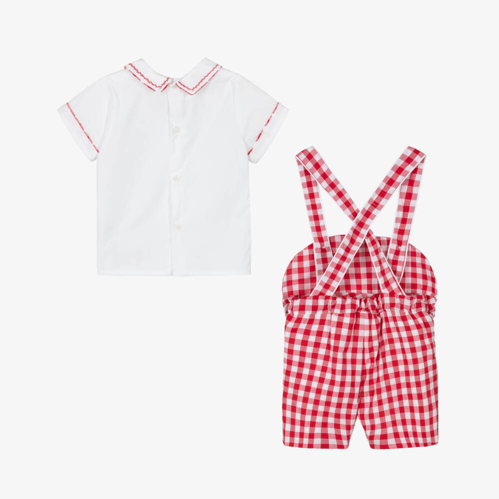 Kidiwi-Boys Red Gingham Cotton Dungaree Shorts & Shirt Set | Childrensalon