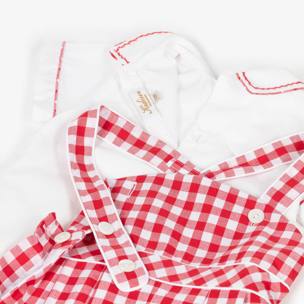 Kidiwi-Boys Red Gingham Cotton Dungaree Shorts & Shirt Set | Childrensalon