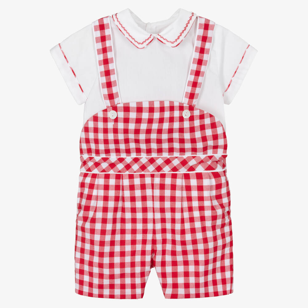 Kidiwi-Boys Red Gingham Cotton Dungaree Shorts & Shirt Set | Childrensalon