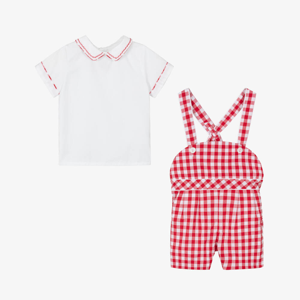 Kidiwi-Boys Red Gingham Cotton Dungaree Shorts & Shirt Set | Childrensalon