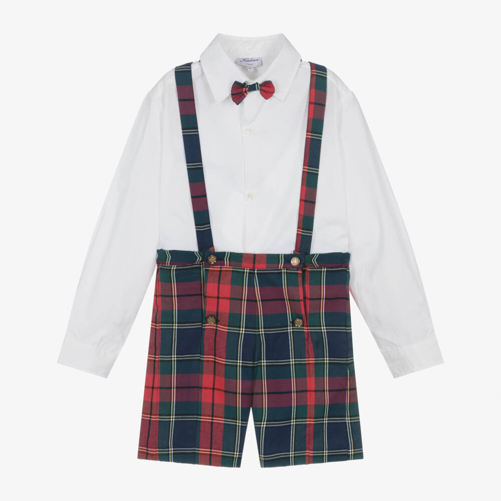 Kidiwi-Boys Red Tartan Check Cotton Shorts Set | Childrensalon