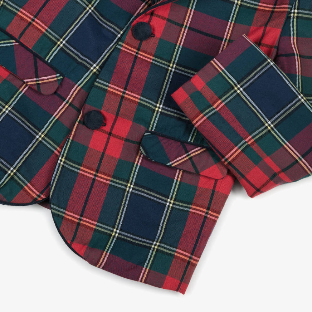 Kidiwi-Boys Red Tartan Cotton Blazer with Velvet Trims | Childrensalon