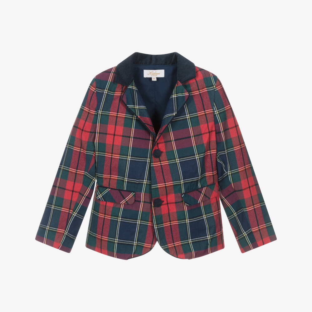 Kidiwi-Boys Red Tartan Cotton Blazer with Velvet Trims | Childrensalon