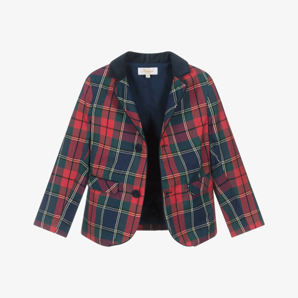 Kidiwi-Boys Red Tartan Cotton Blazer with Velvet Trims | Childrensalon