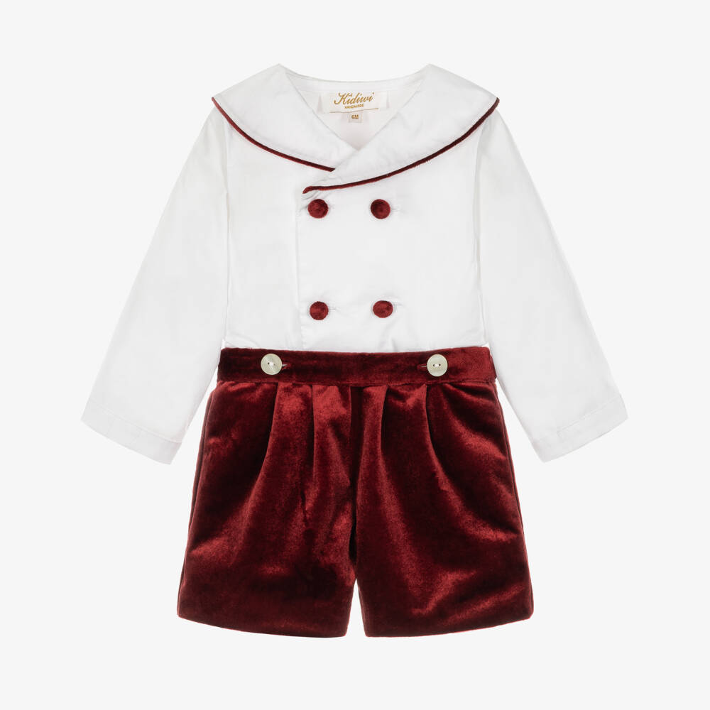 Kidiwi-Boys White & Burgundy Red Velvet Buster Suit | Childrensalon