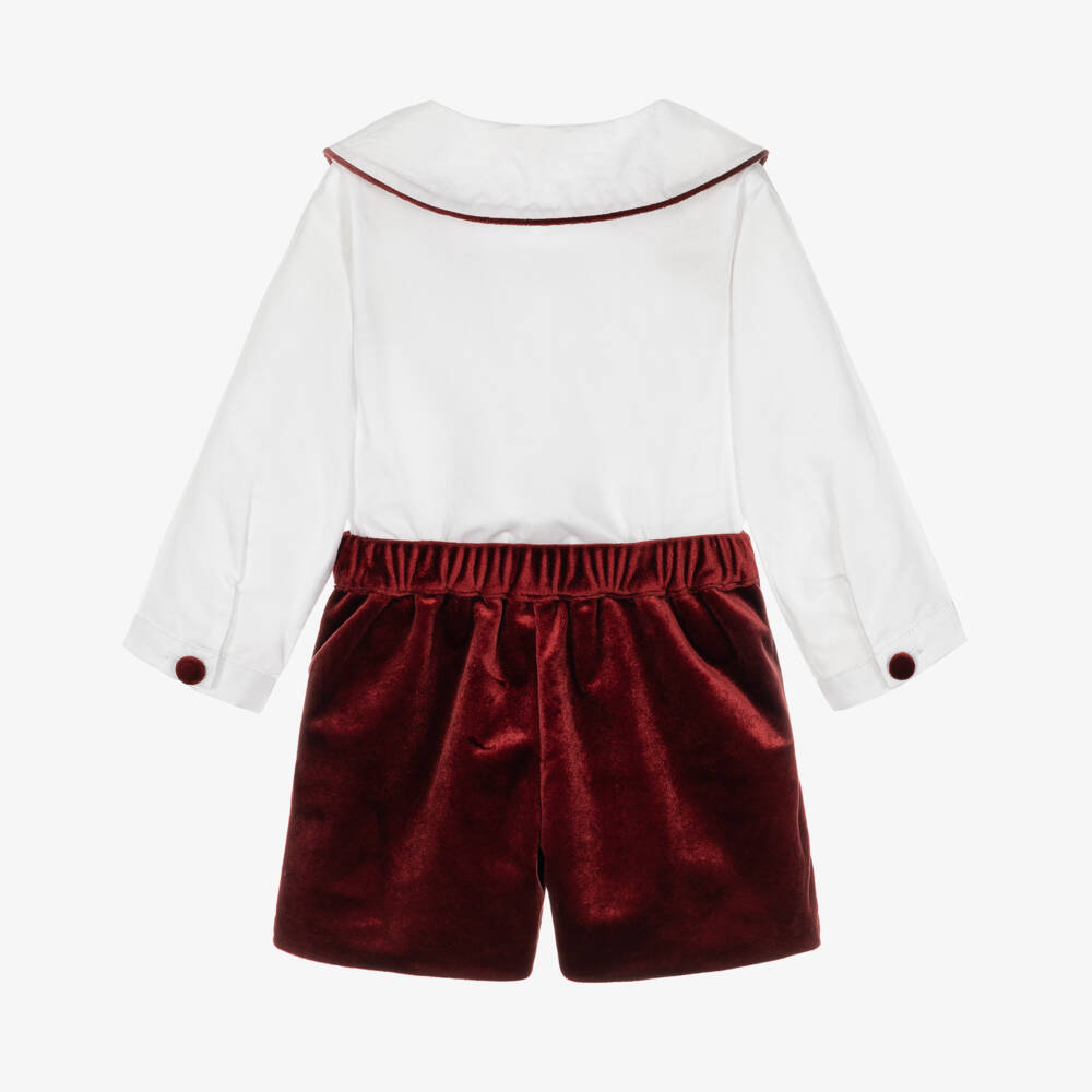 Kidiwi-Boys White & Burgundy Red Velvet Buster Suit | Childrensalon