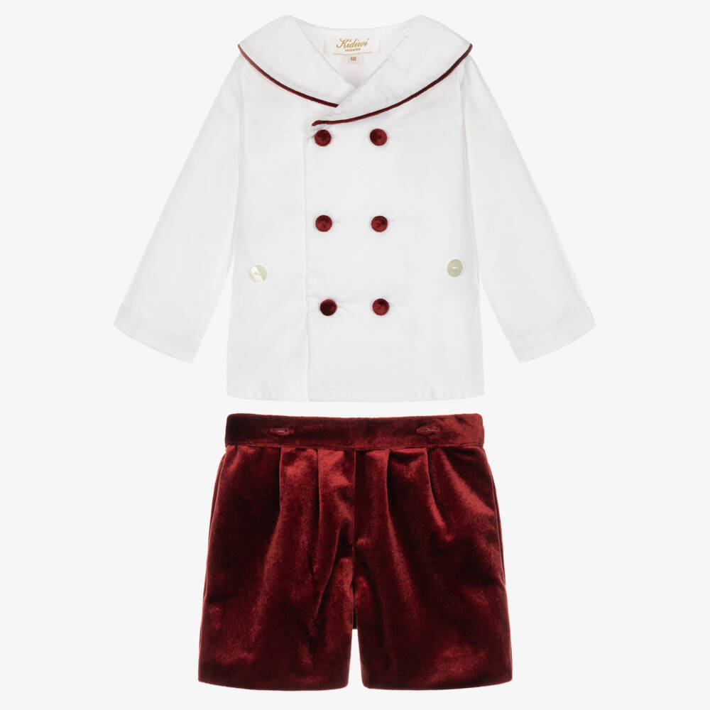 Kidiwi-Boys White & Burgundy Red Velvet Buster Suit | Childrensalon