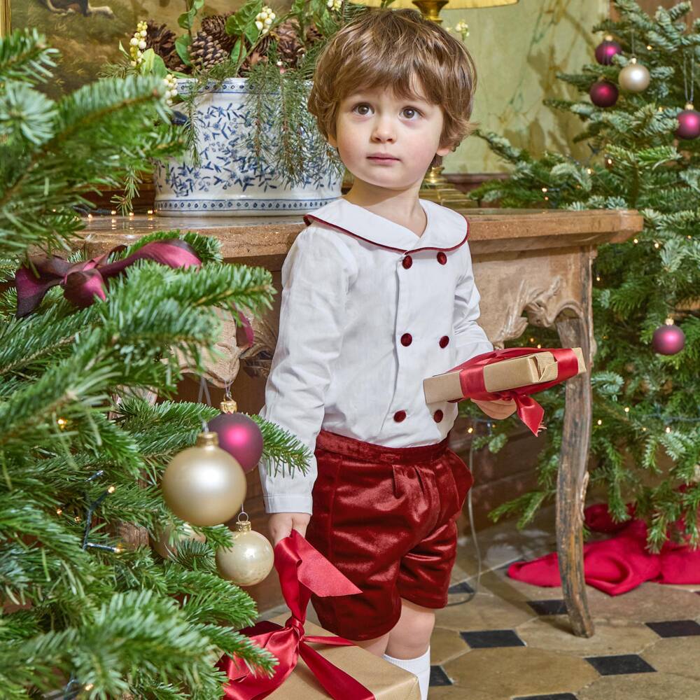 Kidiwi-Boys White & Burgundy Red Velvet Buster Suit | Childrensalon