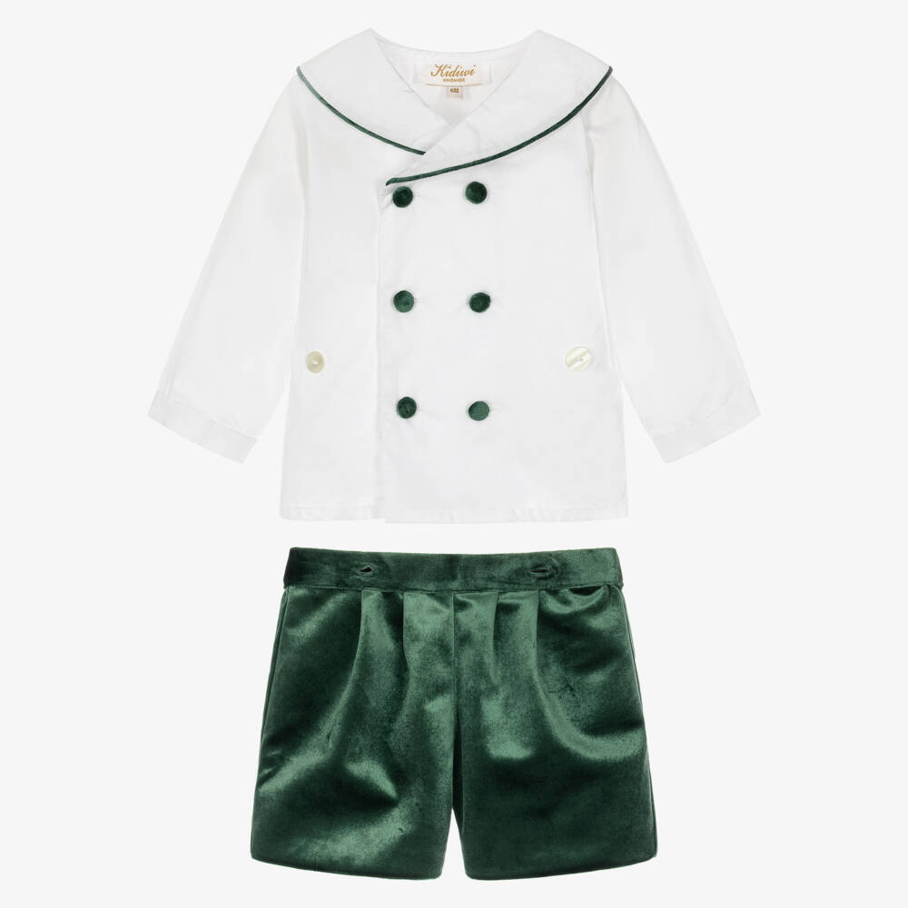 Kidiwi-Boys White & Emerald Green Velvet Buster Suit | Childrensalon