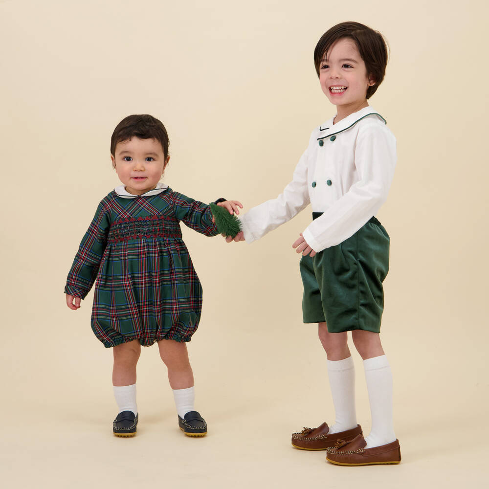 Kidiwi-Boys White & Emerald Green Velvet Buster Suit | Childrensalon
