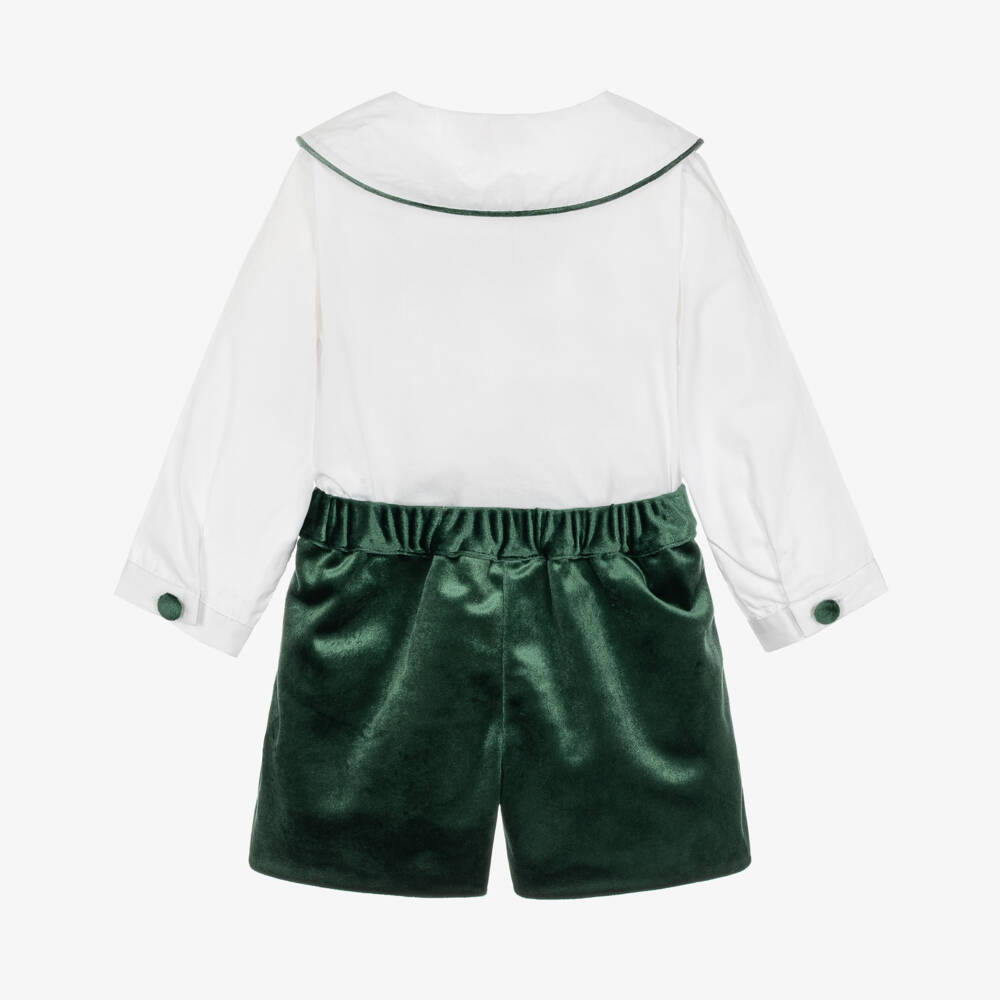 Kidiwi-Boys White & Emerald Green Velvet Buster Suit | Childrensalon