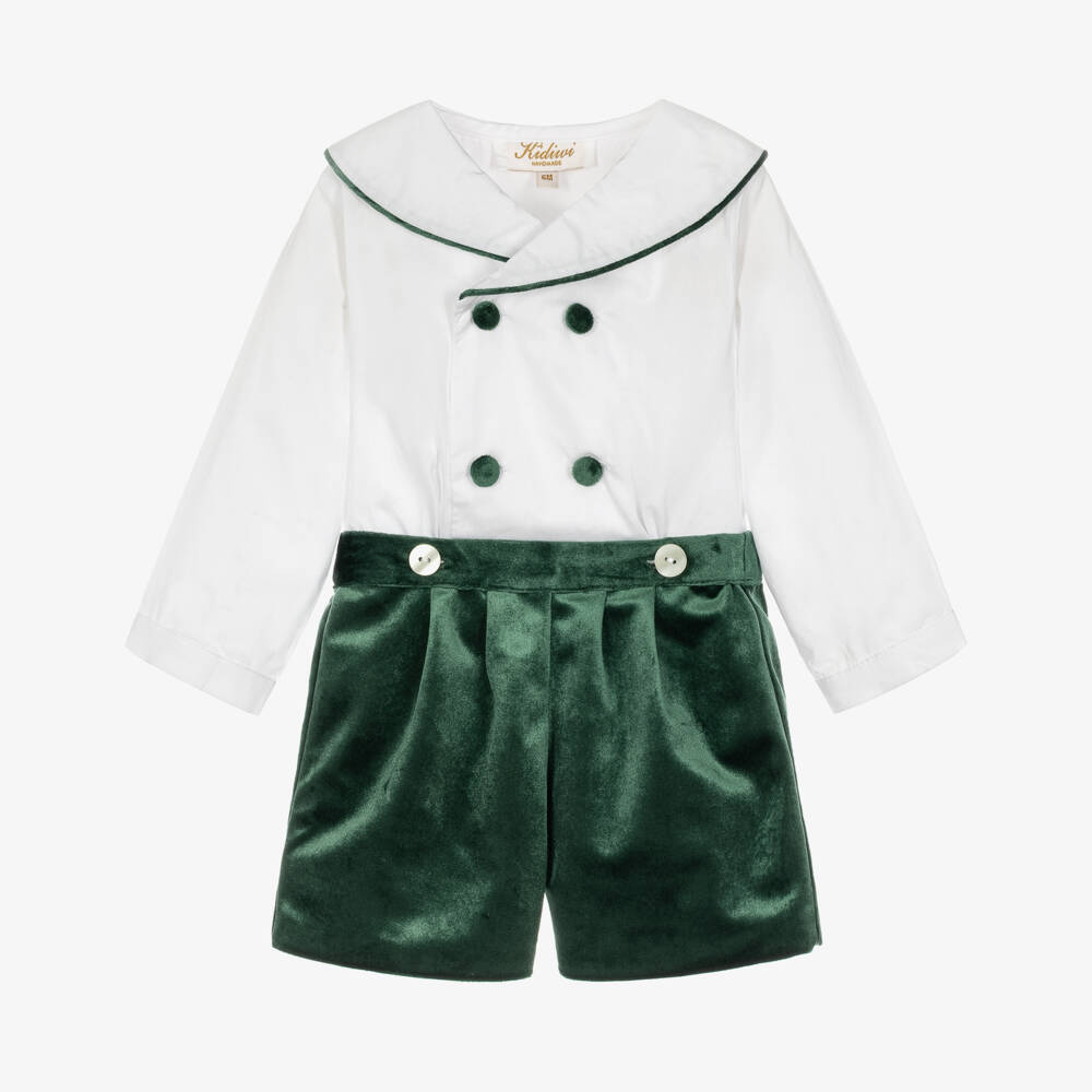 Kidiwi-Boys White & Emerald Green Velvet Buster Suit | Childrensalon