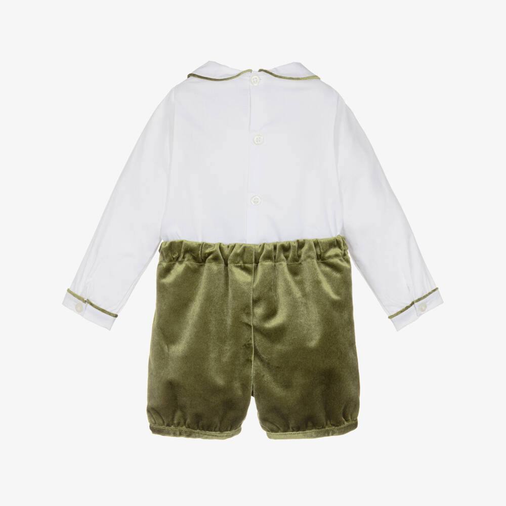Kidiwi-Boys White & Olive Green Velvet Buster Suit | Childrensalon