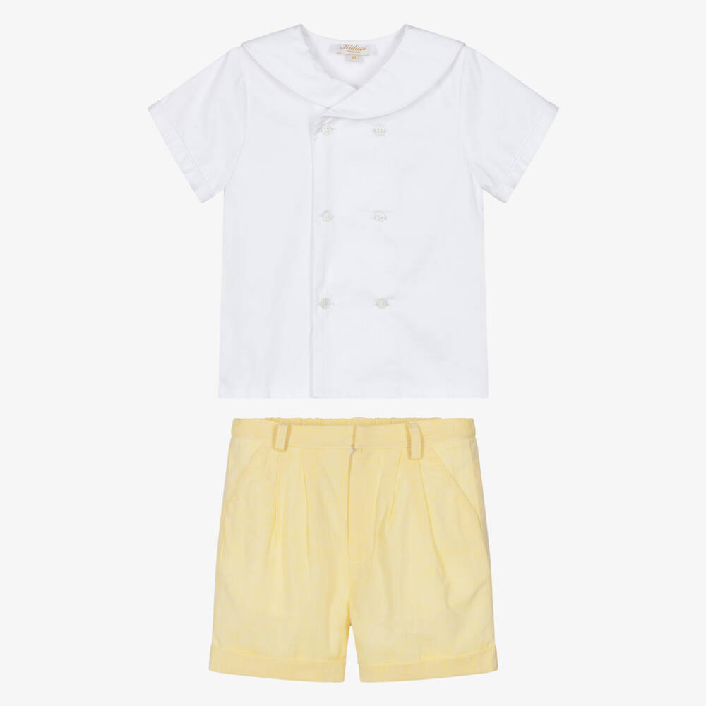 Kidiwi-Boys White Sailor Shirt & Yellow Cotton Shorts Set | Childrensalon