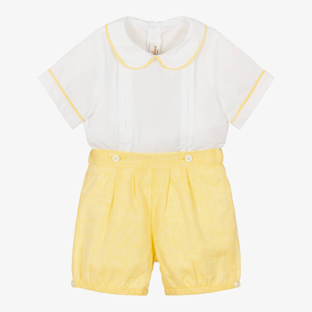 Kidiwi-Boys White & Yellow Buster Suit with Pin Tucks | Childrensalon