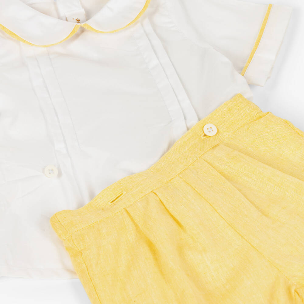 Kidiwi-Boys White & Yellow Buster Suit with Pin Tucks | Childrensalon