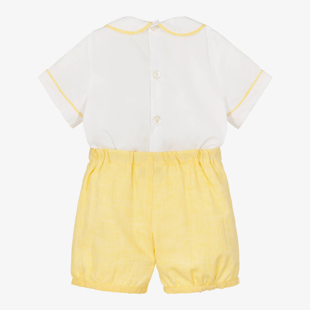 Kidiwi-Boys White & Yellow Buster Suit with Pin Tucks | Childrensalon
