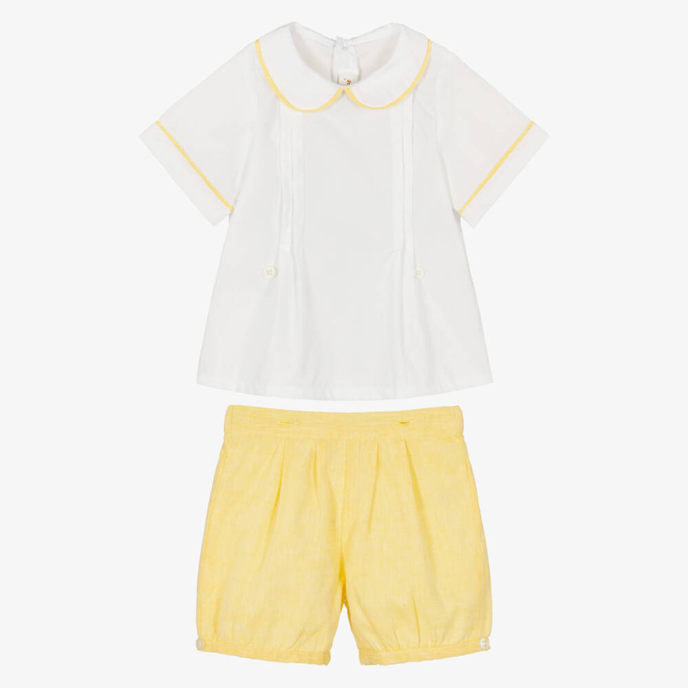Kidiwi-Boys White & Yellow Buster Suit with Pin Tucks | Childrensalon