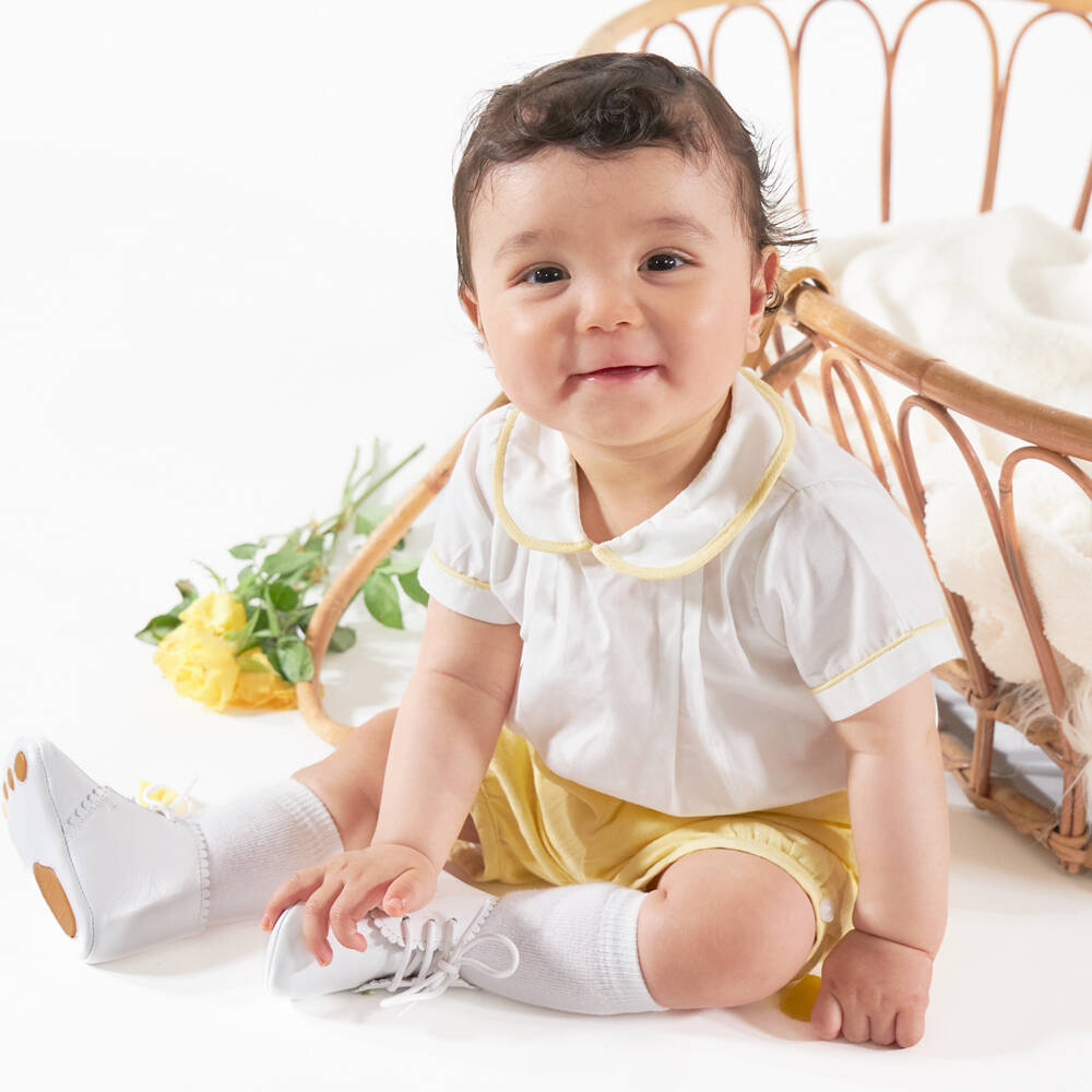 Kidiwi-Boys White & Yellow Buster Suit with Pin Tucks | Childrensalon
