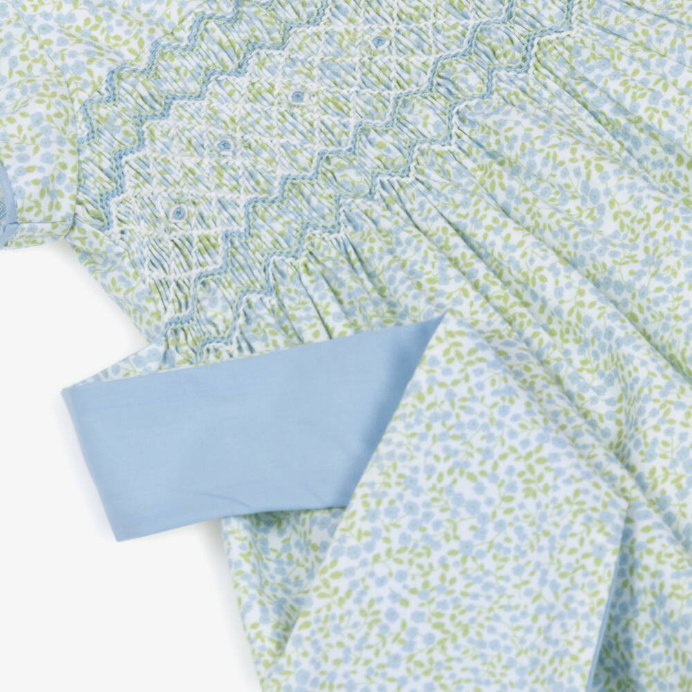 Kidiwi-Girls Blue & Green Cotton Floral Dress with Hand-Smocking | Childrensalon