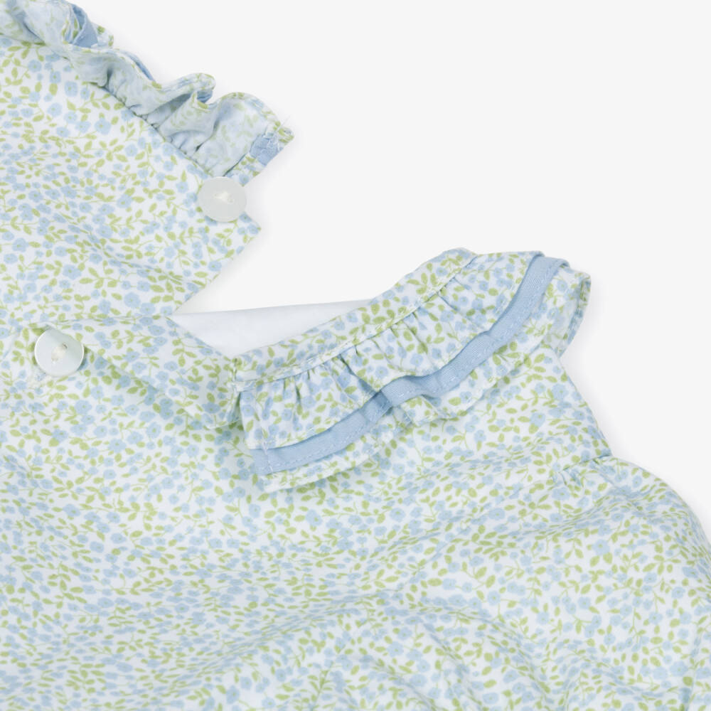 Kidiwi-Girls Blue & Green Cotton Floral Dress with Hand-Smocking | Childrensalon