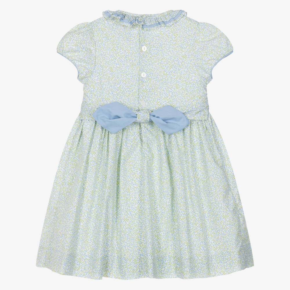 Kidiwi-Girls Blue & Green Cotton Floral Dress with Hand-Smocking | Childrensalon