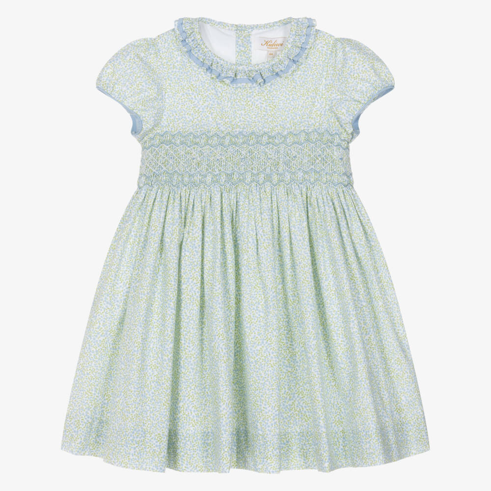 Kidiwi-Girls Blue & Green Cotton Floral Dress with Hand-Smocking | Childrensalon