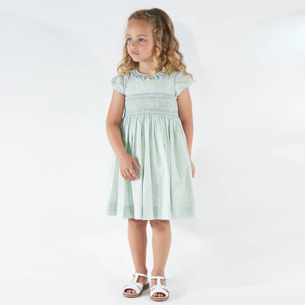 Kidiwi-فستان قطن لون أخضر وأزرق مزين بورود للبنات | Childrensalon
