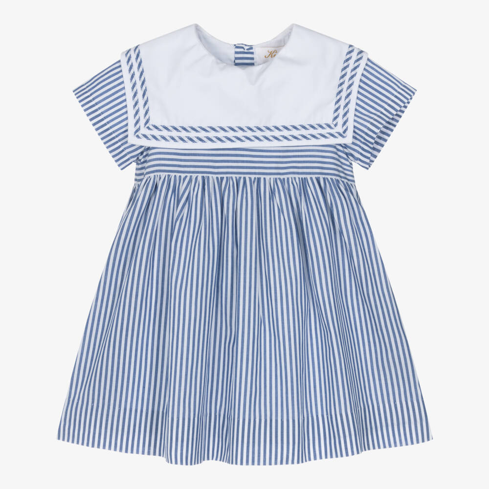 Kidiwi-Girls Blue Striped Cotton Dress with Sailor Collar | Childrensalon