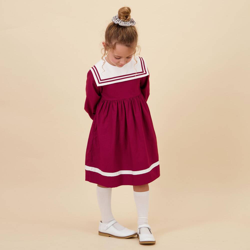 Kidiwi-Girls Burgundy Red Cotton Dress with Sailor Collar | Childrensalon