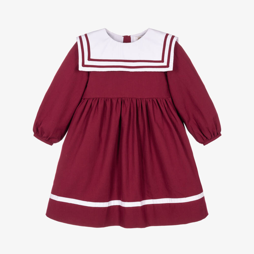 Kidiwi-Girls Burgundy Red Cotton Dress with Sailor Collar | Childrensalon