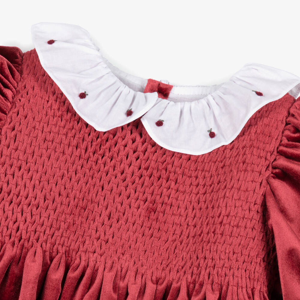 Kidiwi-Girls Burgundy Red Smocked Velvet Dress | Childrensalon